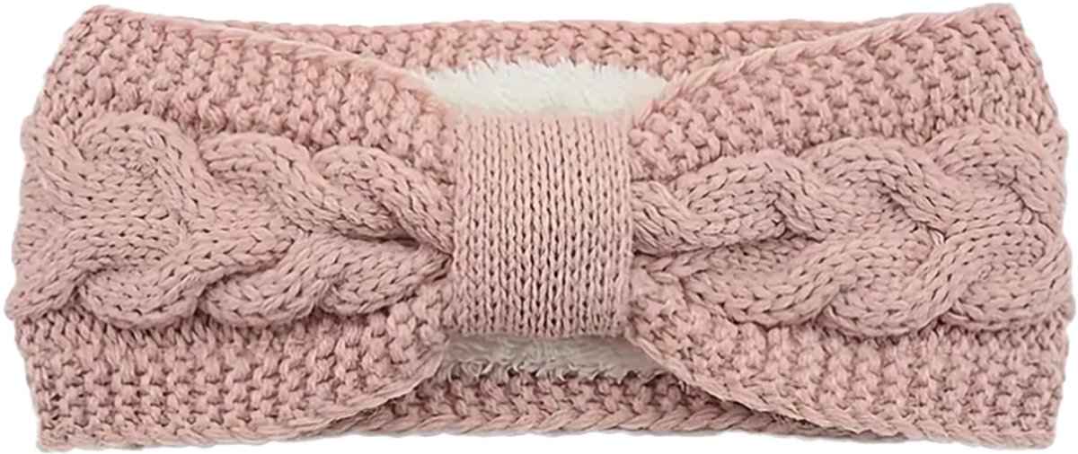 Oudroze gebreide haarband dames met fleece binnenkant - roze hoofdband - one size - winterse haarband met strik - STUDIO Ivana