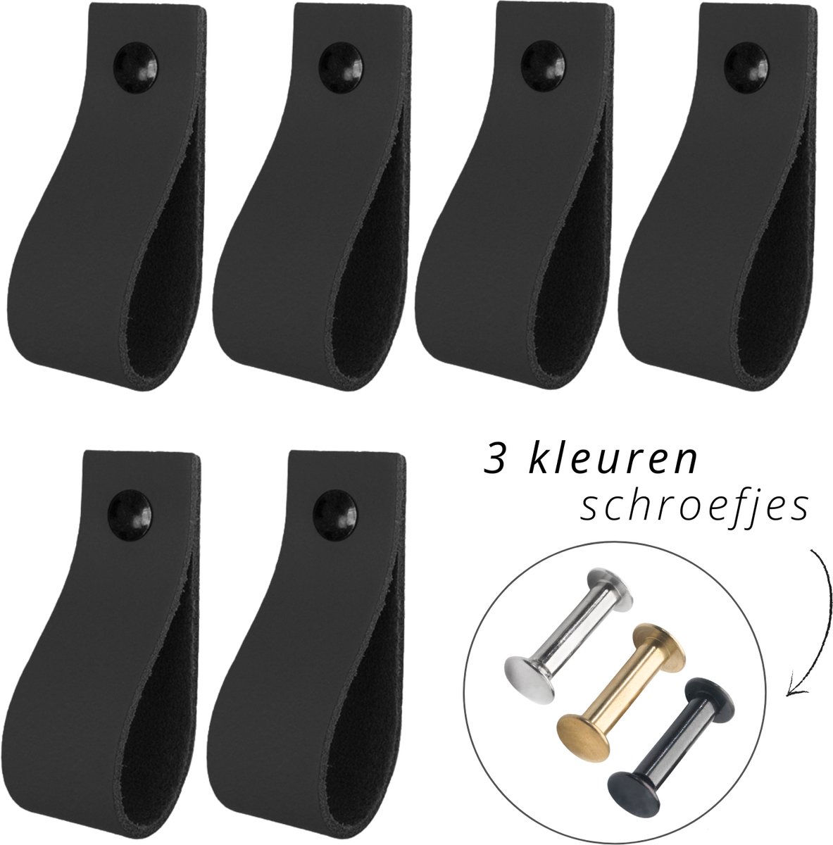 Handles and more - 6x Leren handgrepen lusjes - Zwart - S (15,8cm) - incl. 3 kleuren schroefjes (handgreepjes - leren handgrepen - greepjes - leren lusjes)