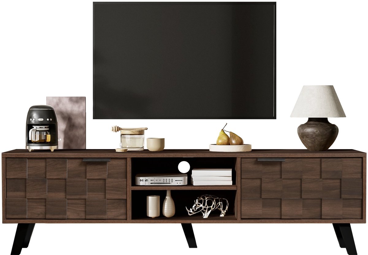 Merax TV Meubel Houtlook - TV Kast met 2 Deuren en Open Vakken - Modern TV Dressoir 160 cm - Ruime Opbergkast met Dempingsscharnieren en Hoge Poten Bruin