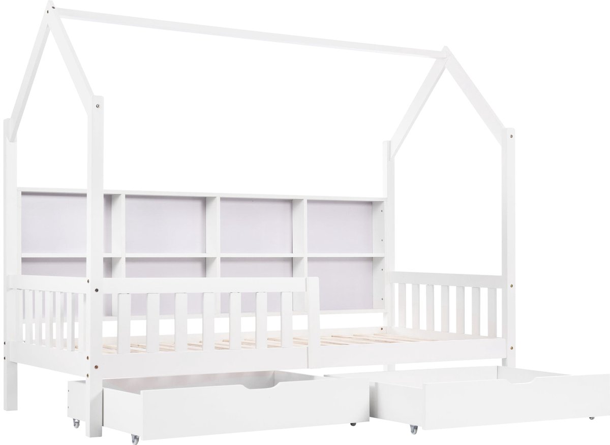 Merax Bed in Huisvorm 90x200 - Bed met Opbergruimte - Met Boekenrek en Twee Grote Schubladen - Houten Lattenbodem - Wit