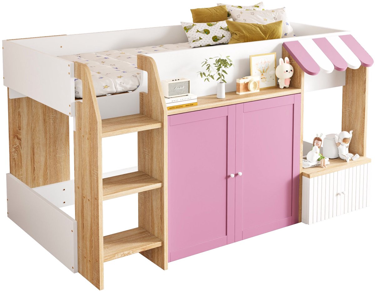 Merax Kinderbed Huisbed 90x200 – Half Hoogslaper met Opbergruimte en Speelruimte Onder Bed – Massief Hout – Wit Roze Bruin