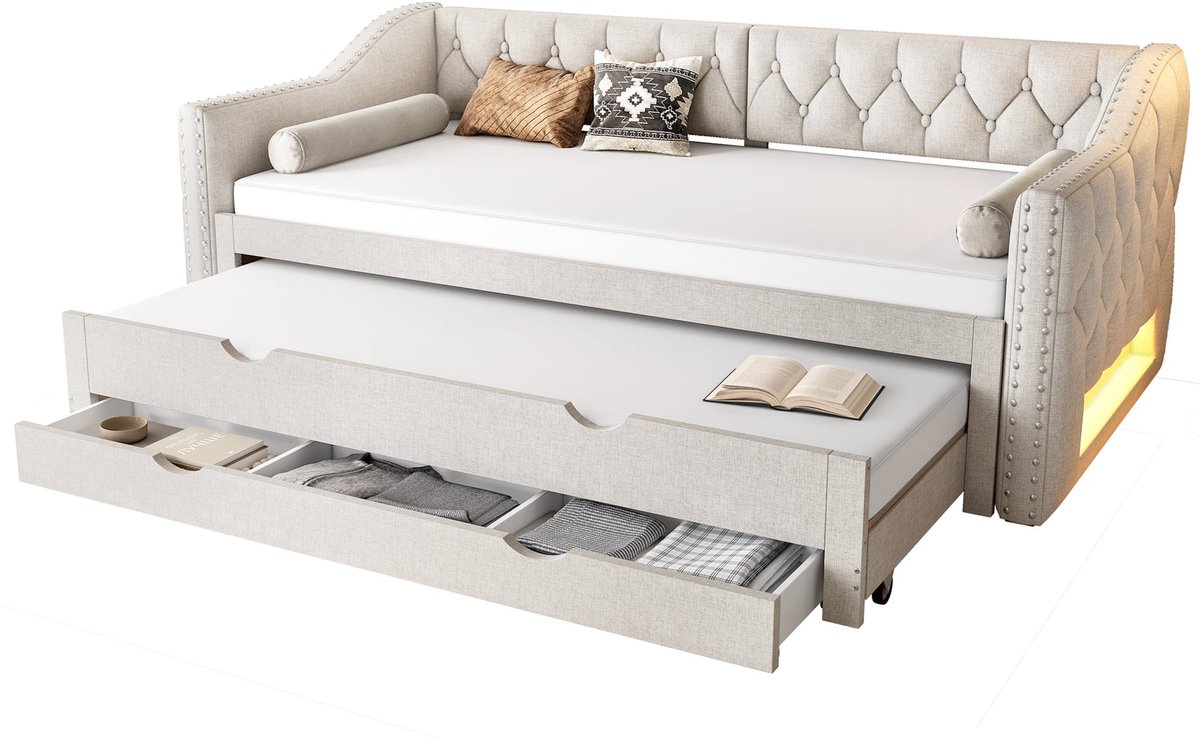 Merax Dagbed 90x200 – Uitschuifbaar Rolbed – Drie Opberglades – Bekleed Bed met LED Verlichting – Beige