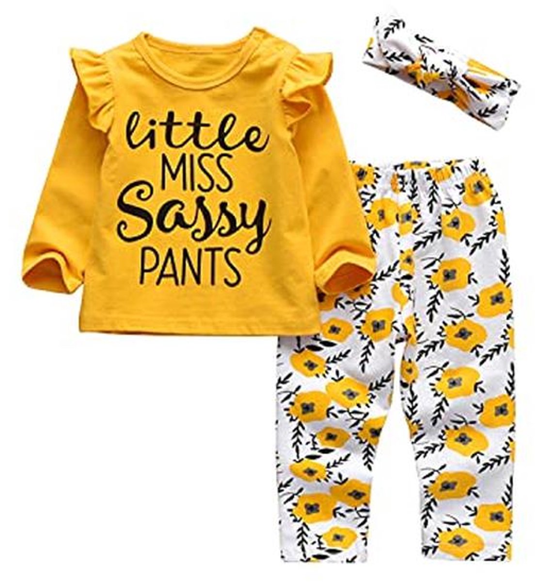 3-delige babykleding voor meisjes - lange mouwen, lettertops, casual broek en hoofdband - outfit voor 18-24 maanden - geel