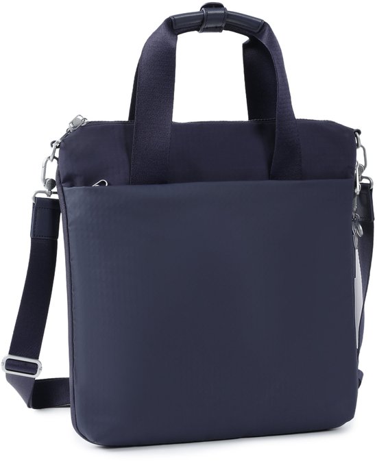 Donkerblauwe Hedgren verticale totebag met logo, hengsels en schouderband.
