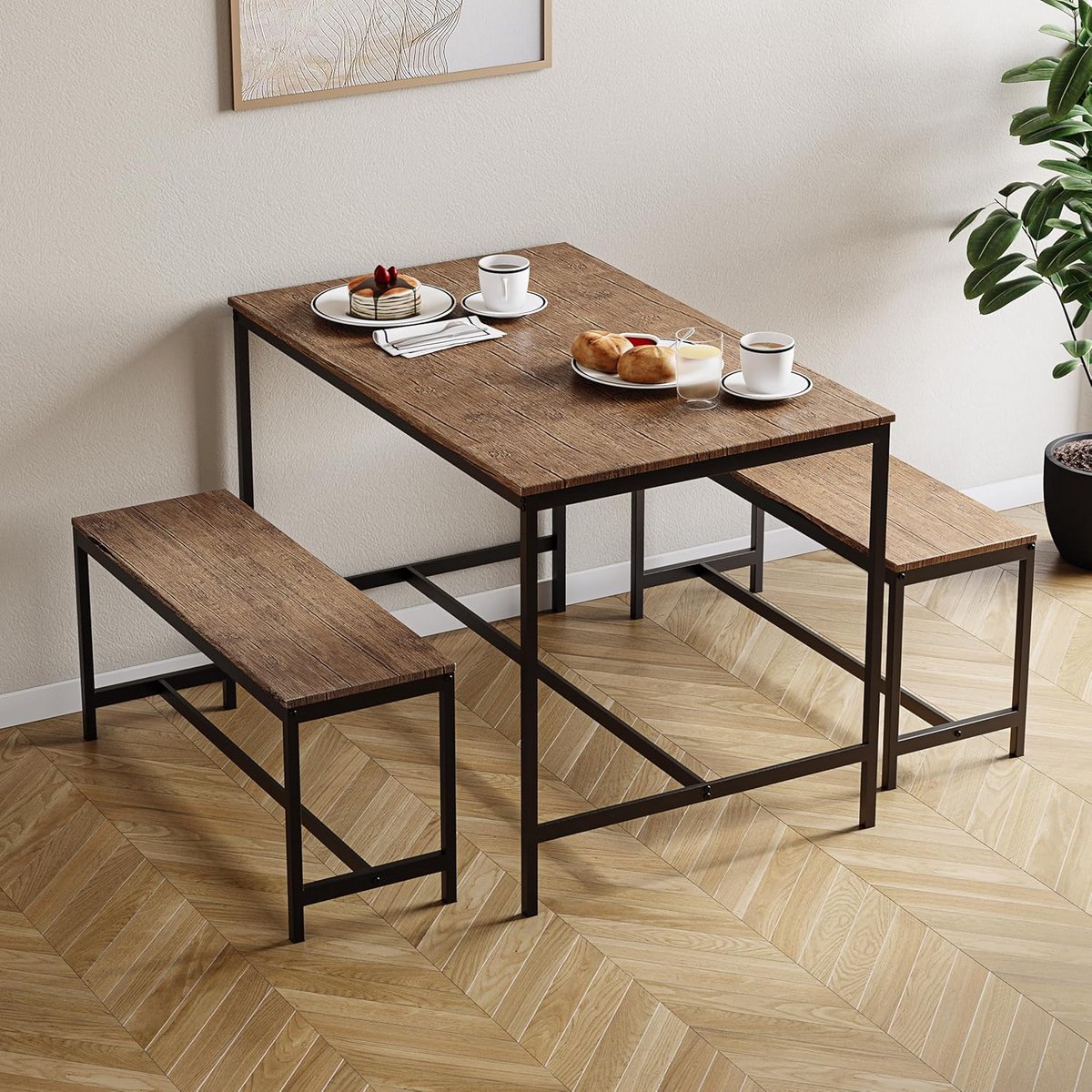 Eettafel voor 4 Personen met 2 Banken - 3-delige Set, Massief Metalen Frame