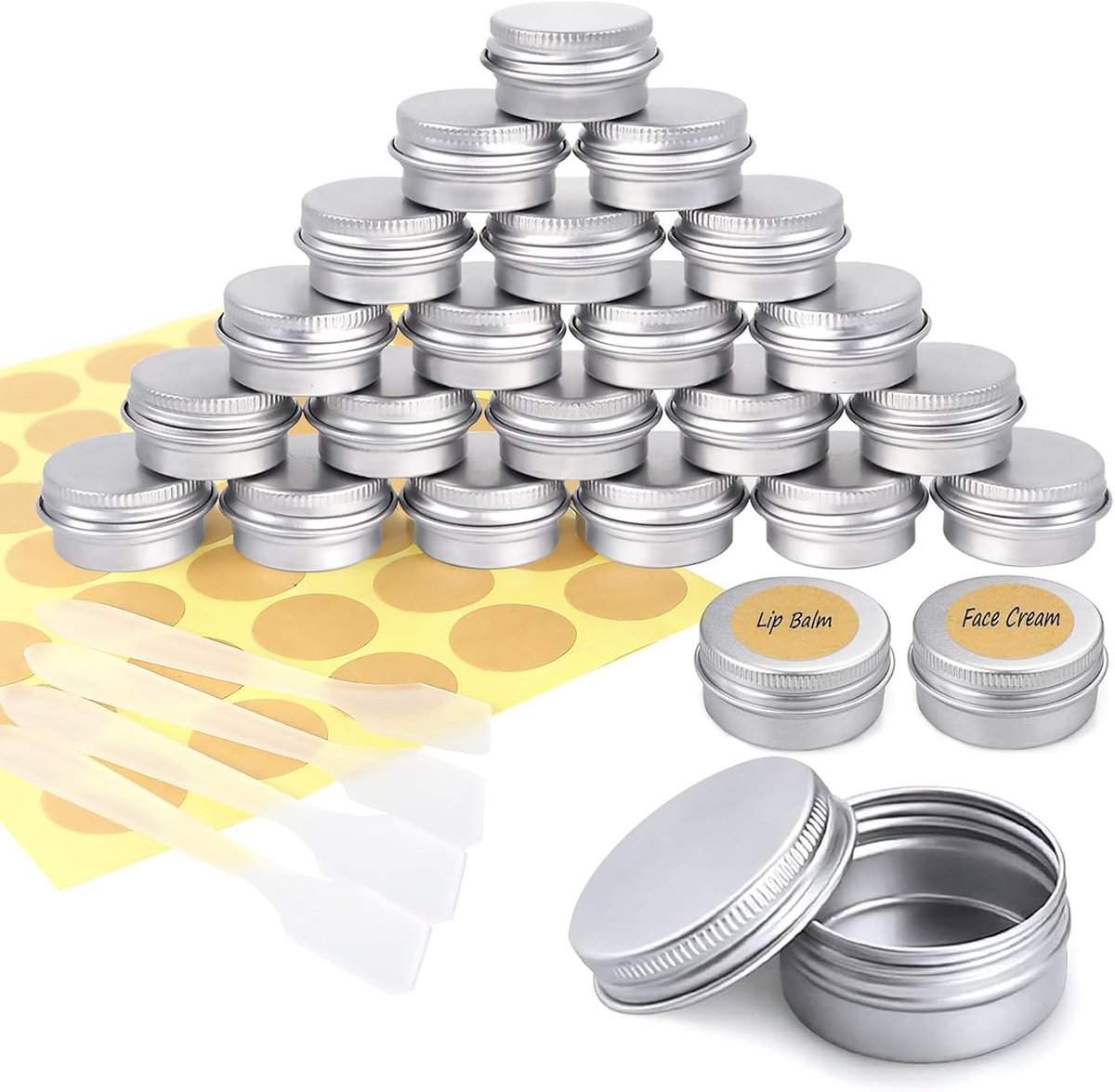 Candala - 24 - aluminium potjes, 5 ml lege aluminium potjes, lippenbalsem potjes met 70 ronde stickers, crèmepotjes om te vullen voor lippenbalsem, lotion, crème, maskers, mini-kaarsen, cosmetica