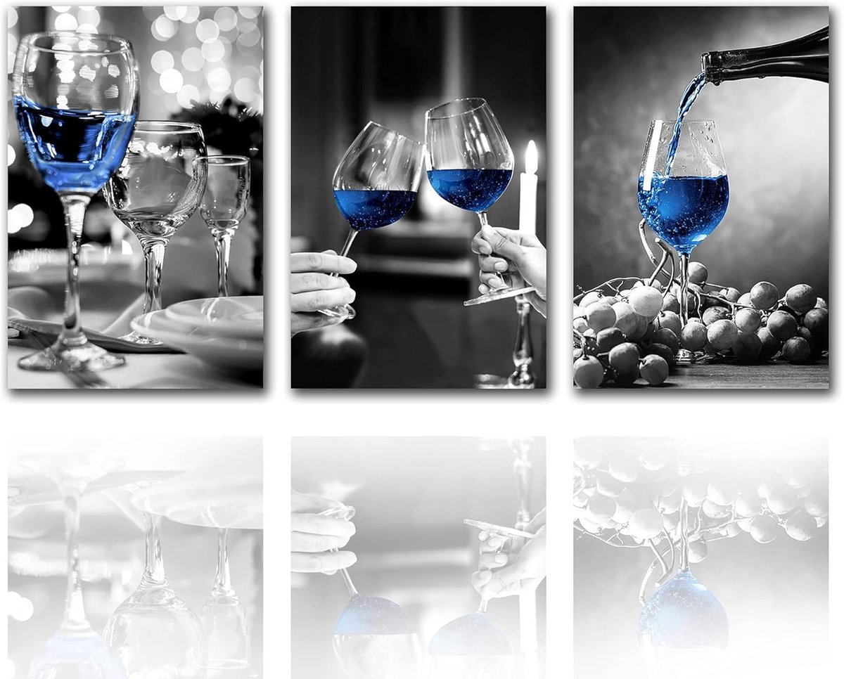 Modern 3-Delig Canvas Schilderij – Zwart-Wit Druiven & Blauwe Wijnbeker | Luxe Wanddecoratie Voor Eetkamer - Houten Ingelijst & Klaar Om Op Te Hangen (60x28 inch)
