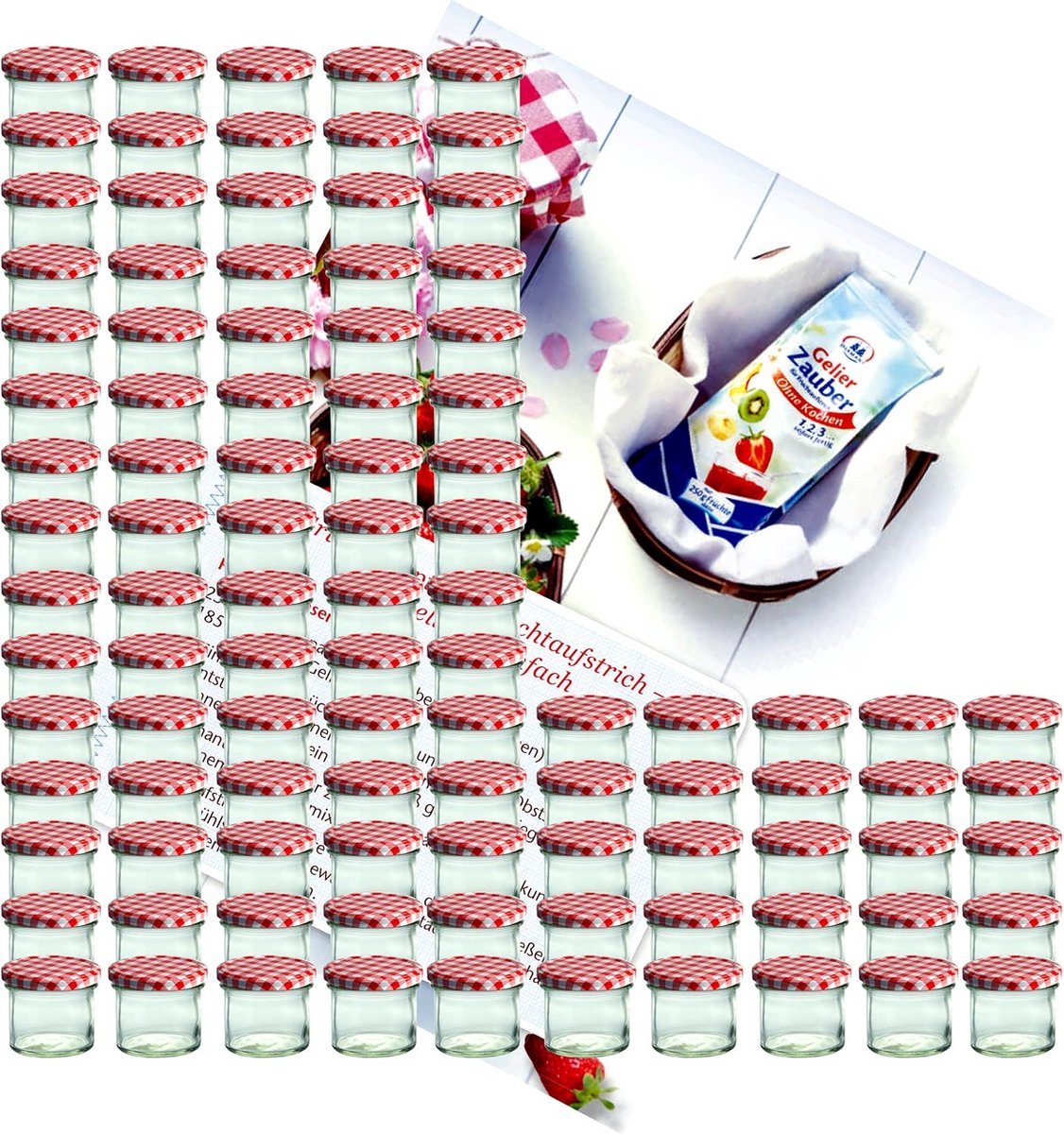 Set van 100 inmaakpotten 125 ml met receptboekje en diamantsuiker