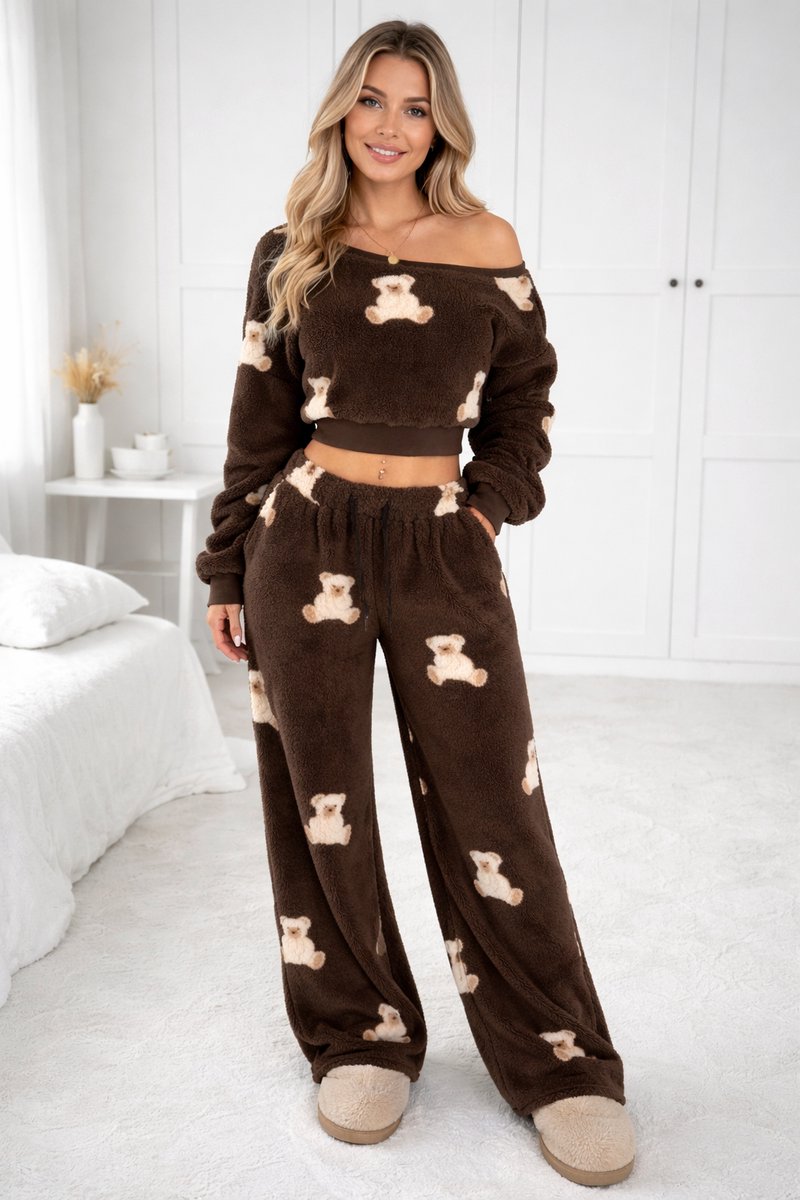 2-delige Dikke Teddy Lounge Set met Beerprint – Warm & Comfortabel Maat M