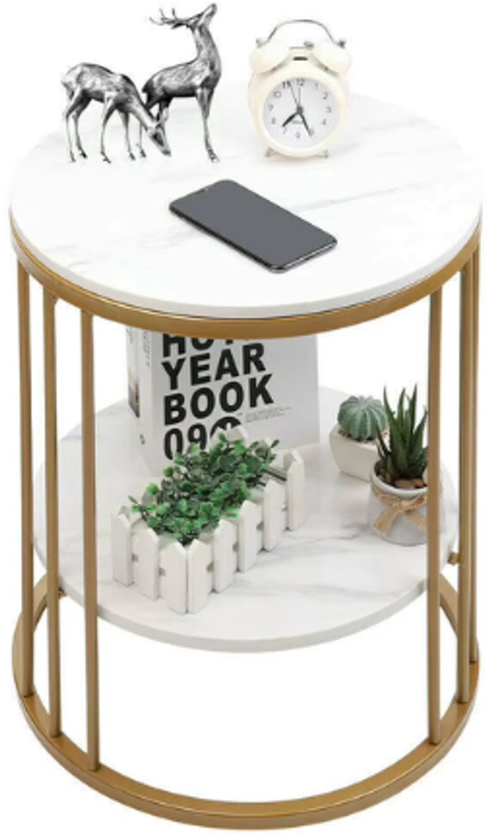 LabelOne Salontafel - Bijzettafel - Salontafel Rond - Salon Tafel - 2-laags - wit marmerlook - gouden metalen frame - 40x40x54cm