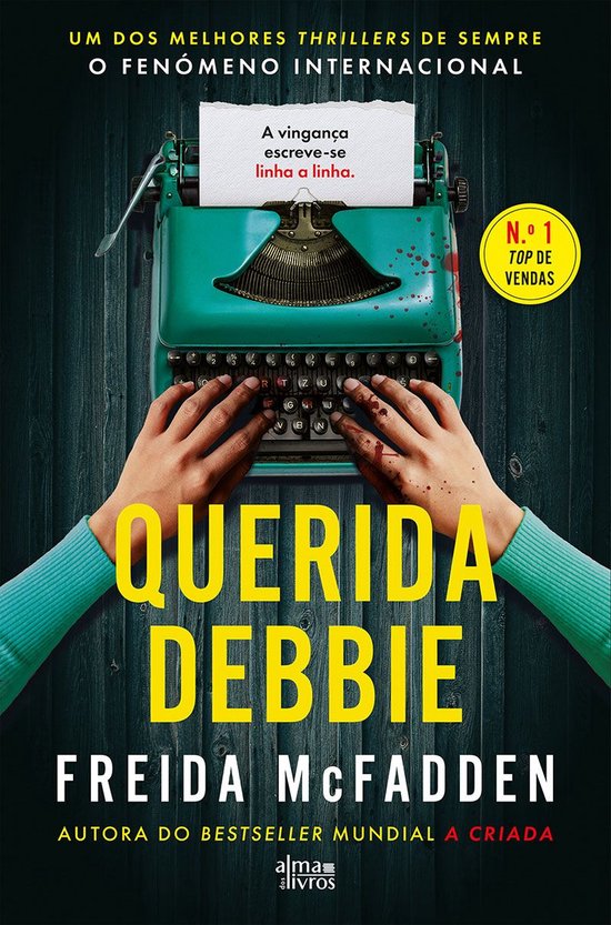 Boekomslag met een turquoise typemachine met bloedspatten. "QUERIDA DEBBIE" in grote gele letters.