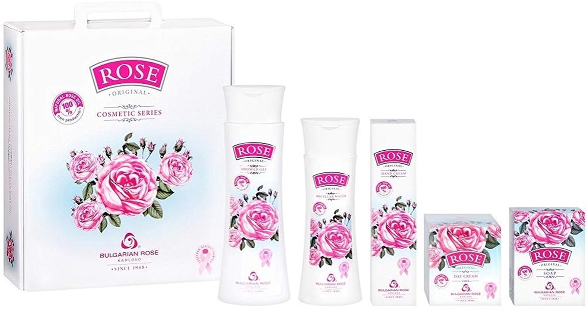 Rose Original Cadeauset deluxe | Cadeauset - micellair water + dagcrème + handcrème + zeep + douchegel | Rozen cosmetica met 100% natuurlijke Bulgaarse rozenolie en rozenwater