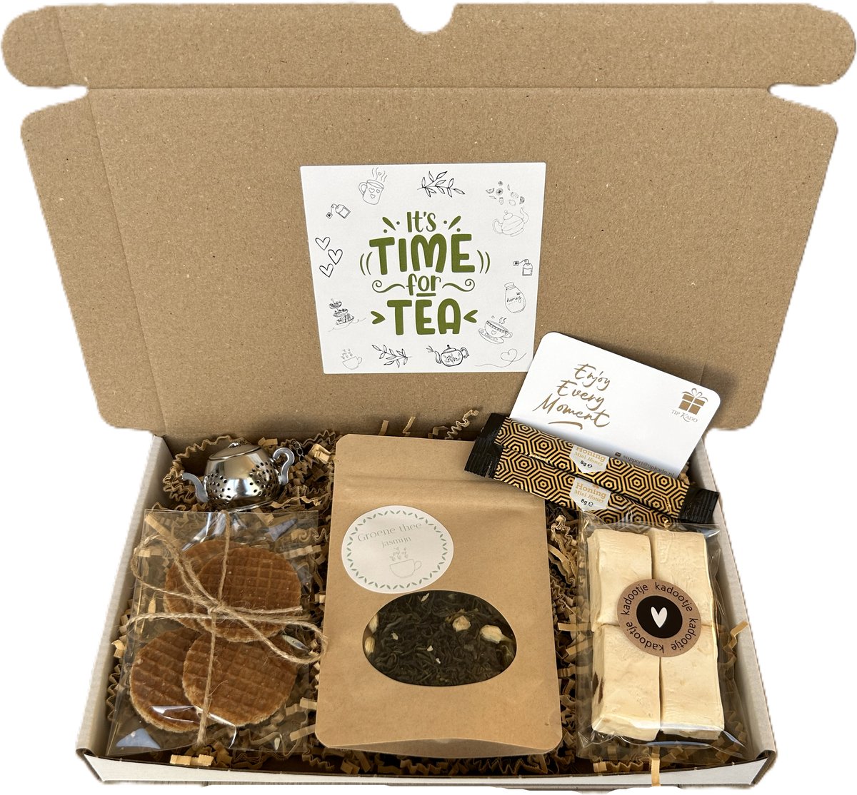 Thee brievenbus cadeau Groene thee Jasmijn - thee - honing - noga - stroopwafels