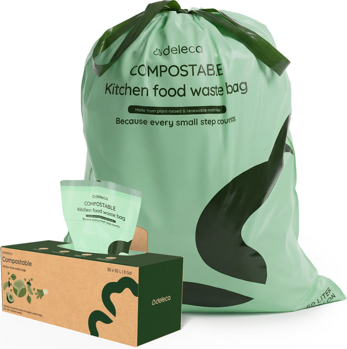 Deleca 50 Liter Vuilniszakken (30 stuks) - Biologisch Afbreekbare gft Afvalzakken - Incl. Dispenser - Voor Afvalscheiding Pedaalemmer & Vuilnisbak - 65x75 cm / 100% Composteerbare Biozakken