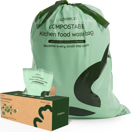 Een grote lichtgroene composteerbare keukenafvalzak van 50L met donkergroene opdruk, naast een doos met 30 zakken.