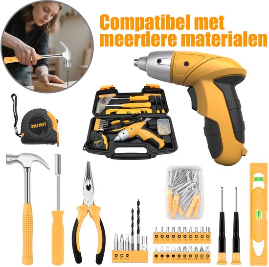 Gereedschapsset: Boorset met draadloze boormachine, gereedschapskist, DIY-handgereedschap voor mannen en huishoudelijk gebruik, met 3,6V elektrische boormachines, 112-delige set