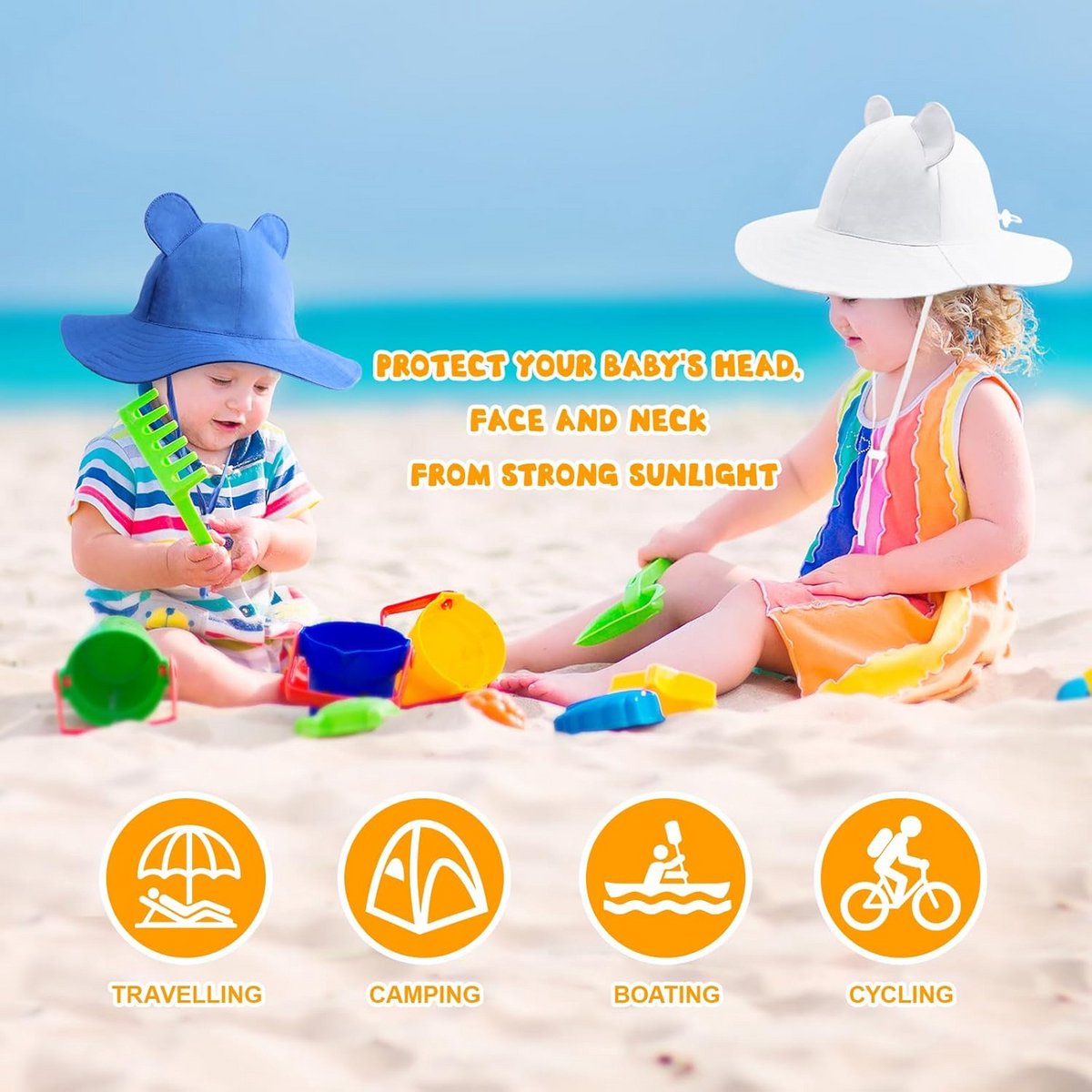Baby Zonnehoed Peuter met Berenoren - Unisex Zomer Emmerhoed met Kinband en UPF 50+