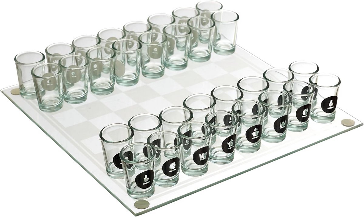Glazen Drinkschaakset voor Feestjes en Cadeaus - Wit en Zwart