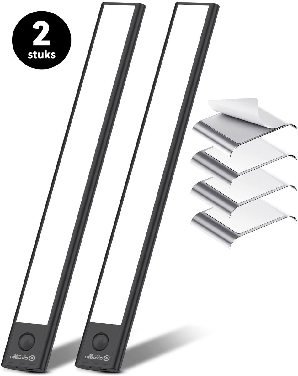 Kastverlichting LED met Bewegingssensor en Bevestigingsset - Draadloos - 30 cm - (2 PACK) - Zwart