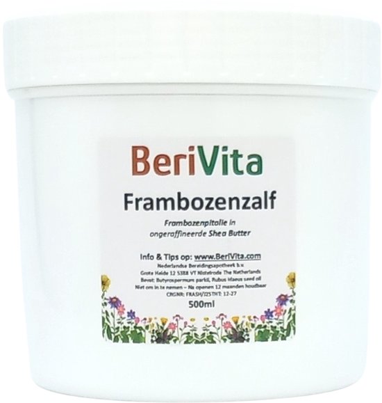 Witte pot met 'BeriVita Frambozenzalf' en 'ongeraffineerde Shea Butter' erop.
