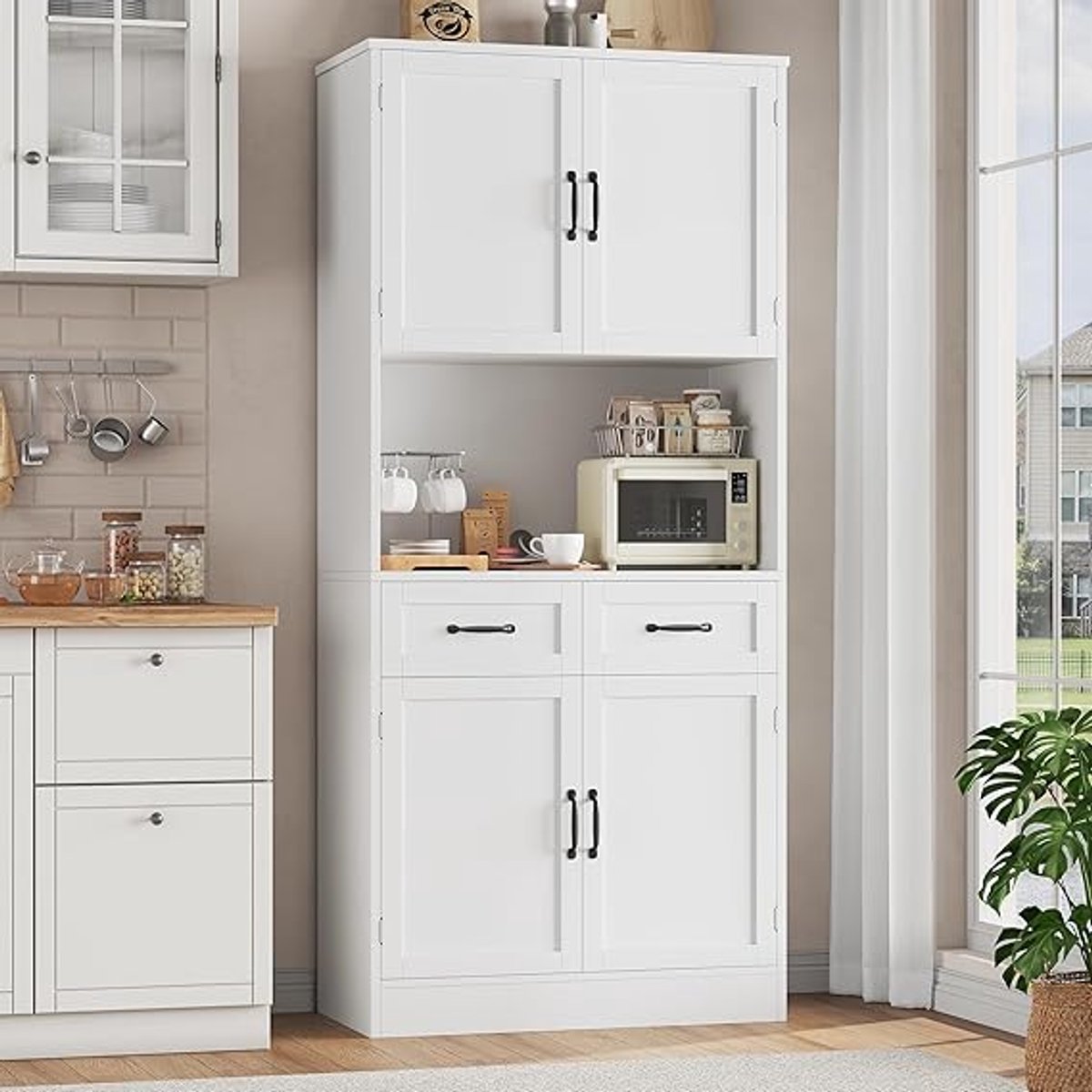 Multifunctionele Keukenkast met Werkblad, LED-Verlichting, Ingebouwd Laadstation, Buffetkast, Hoge Kast met Verstelbare Planken en Stopcontacten – Dressoir voor Keuken, Woonkamer & Eetkamer – 100 x...