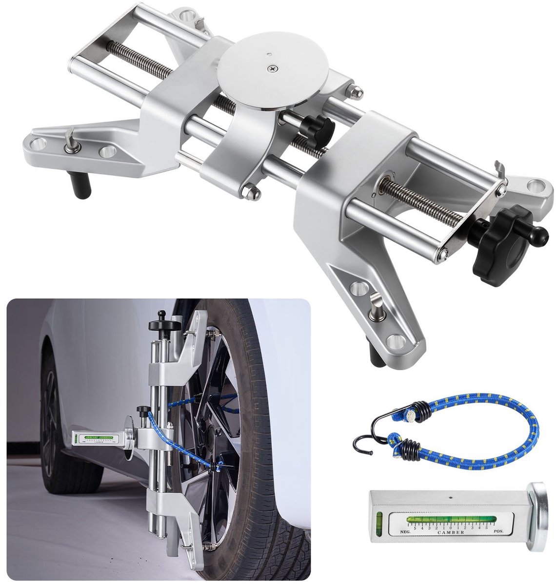 Wieluitlijngereedschap - Cambermeter en Camberhoekmeter met Wielklem en Magnetische Adapter - Aluminiumlegering - Voor Velgen 28–64 cm - Nauwkeurige Cambermeting - Voor Auto's en Vrachtwagens