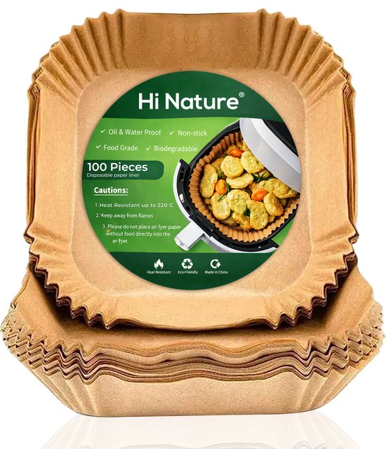 HI NATURE™ Papier Cuisson - Papier Cuisson Airfryer - 100 Pièces Carré - Barquettes Jetables - Accessoires Airfryer - Friteuse à Air Chaud - Barquettes Jetables Friteuse à Air | Convient pour Airfryer XL et XXL - 20 à 24 cm
