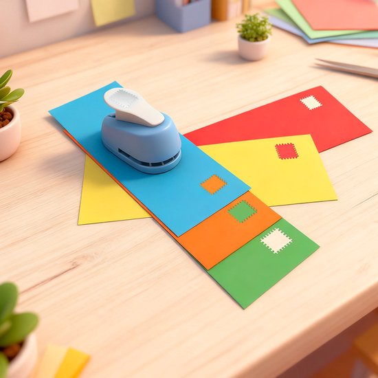 Blauwe postzegel pons op gekleurde vellen papier, met uitgestansde vierkanten.