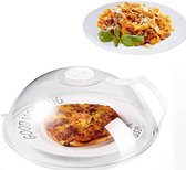 Transparante magnetron deksel over een pizza met de tekst 'GOOD MORNING' op de plaat.