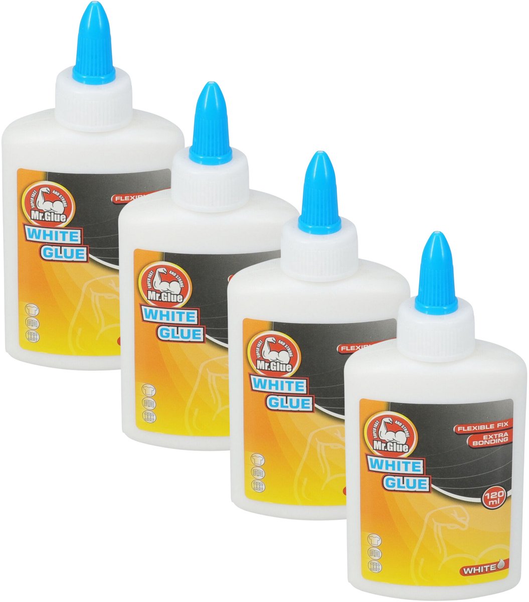 Mr Glue Lijm - 4x - 120 ml - wit - in fles - extra sterk - flexibele fix - snel drogend