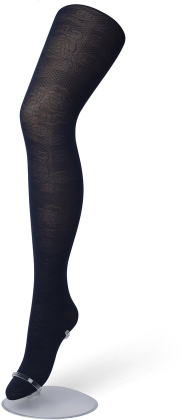 Donkerblauwe panty met bloemenkant patroon, op een mannequin been.