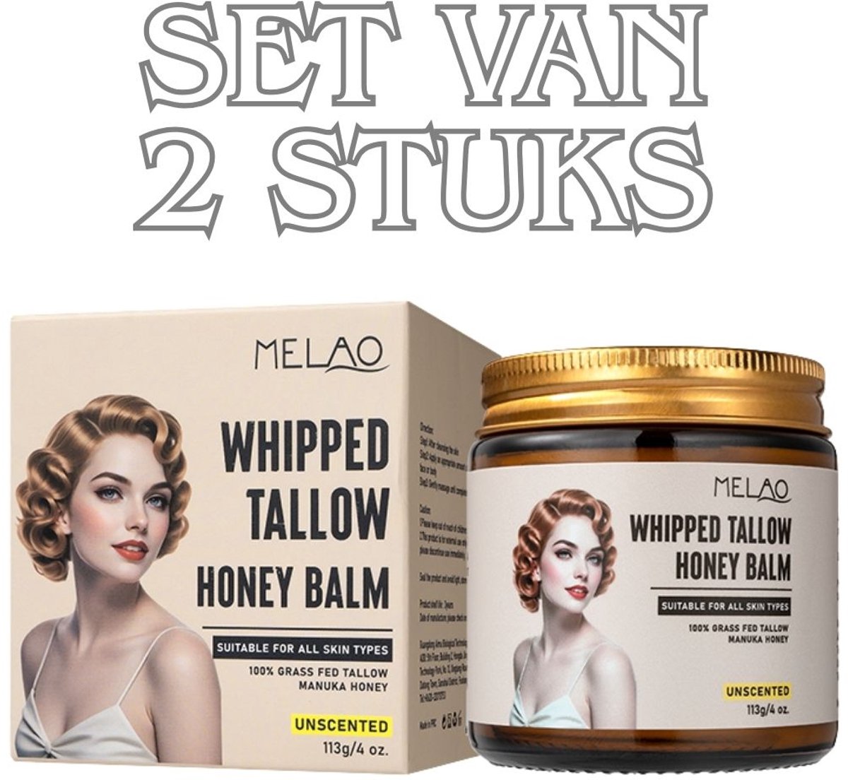Tallow Beef Honey Balm - Set van 2 Stuks - Met Manuka Honing – Dubbelpak - Ongeparfumeerde Romige Verzorgingsbalsem Voor Gezicht & Lichaam – Beef Tallow Crème - Grasgevoerd Talg Geschikt Voor Alle Huidtypes - Voordeelverpakking
