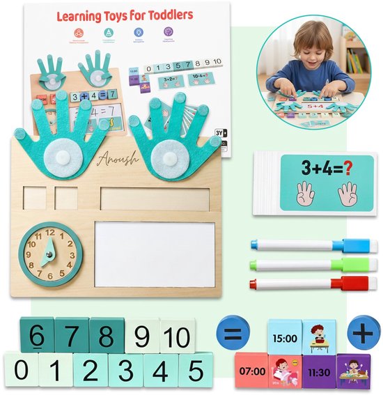 Anoush® - Nouveau - Tableau de calcul 2 en 1 - Jouet éducatif - Jouet en bois - Calcul - Lire l'heure - Apprendre les nombres et les chiffres - Jouet Montessori - Jouet pour tout-petits - Garçons - Filles - Enfant - à partir de 4 ans