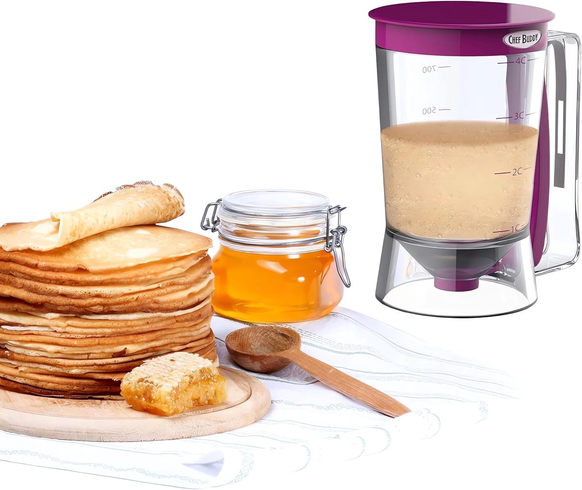 Famanu - Deegdispenser 900 ml met Deksel en Schaal, dispenser voor pannenkoeken, omeletten en bakbeslag, netjes gieten en nauwkeurig afmeten