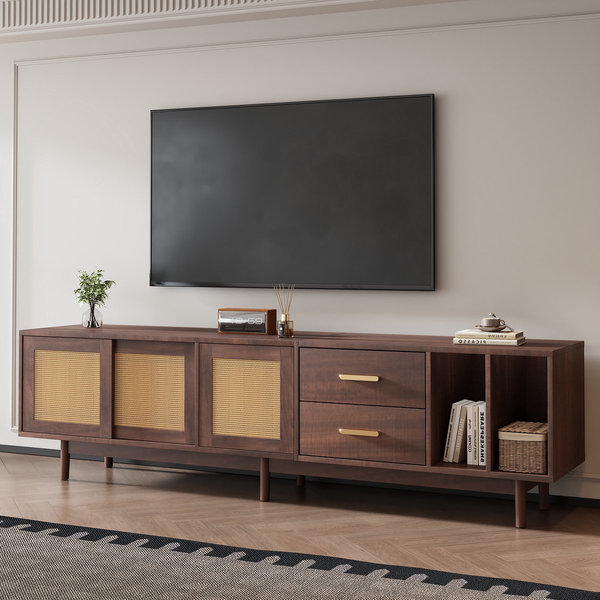 STILVORA TV-Meubel - Rattan Deuren En Multifunctioneel Opslagmeubel Met 3 Deuren En 2 Lade