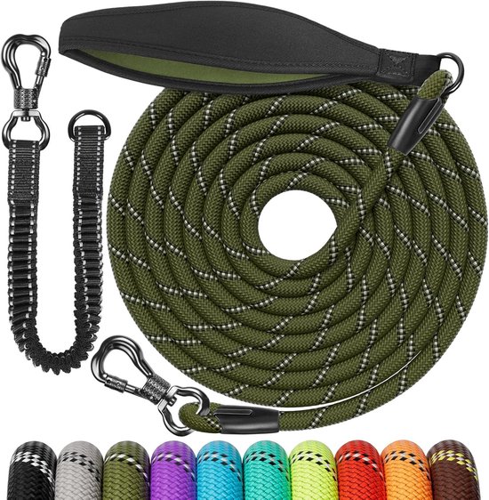 WELLGRO Looplijn voor honden met handlus, 3 m / 5 m / 10 m / 15 m / 20 m / 25 m / 30 m, hondenriem, robuuste nylon antislip reflecterende metalen karabijnhaak trainingslijn, maten: 10 meter