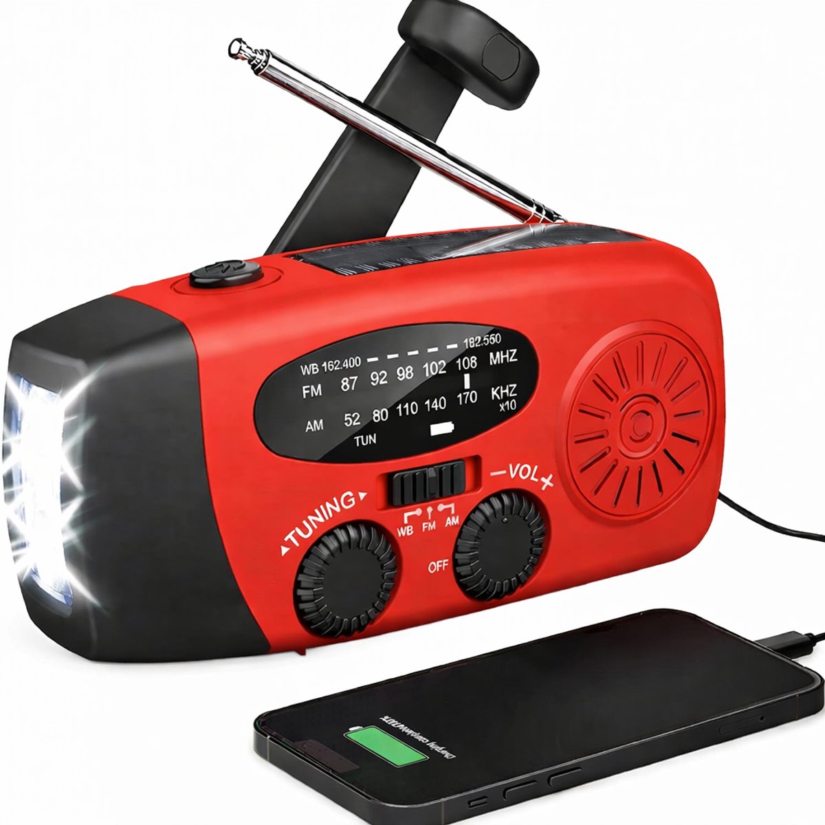 Draagbare noodradio – ingebouwde powerbank van 2000 mAh – LED-zaklamp – oplaadbaar via zonne-energie en handopwinding – noodsignaal met SOS-functie – USB-C oplaadkabel – onmisbaar voor noodsituaties – robuuste kunststof behuizing – rood