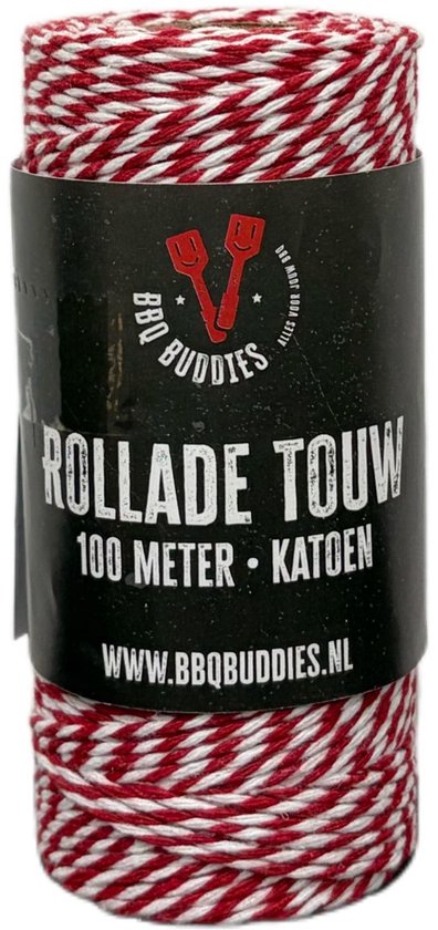 Een rol rood met wit gevlochten slagerstouw. Het label zegt 'BBQ Buddies Rollade Touw 100 meter katoen'.