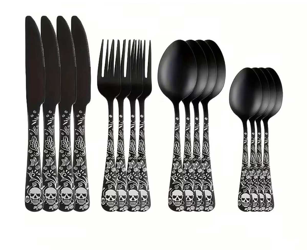 Bestek doodshoofd - zwart - doodskop - RVS - gothic - 16 stuks - bestekset - skelet