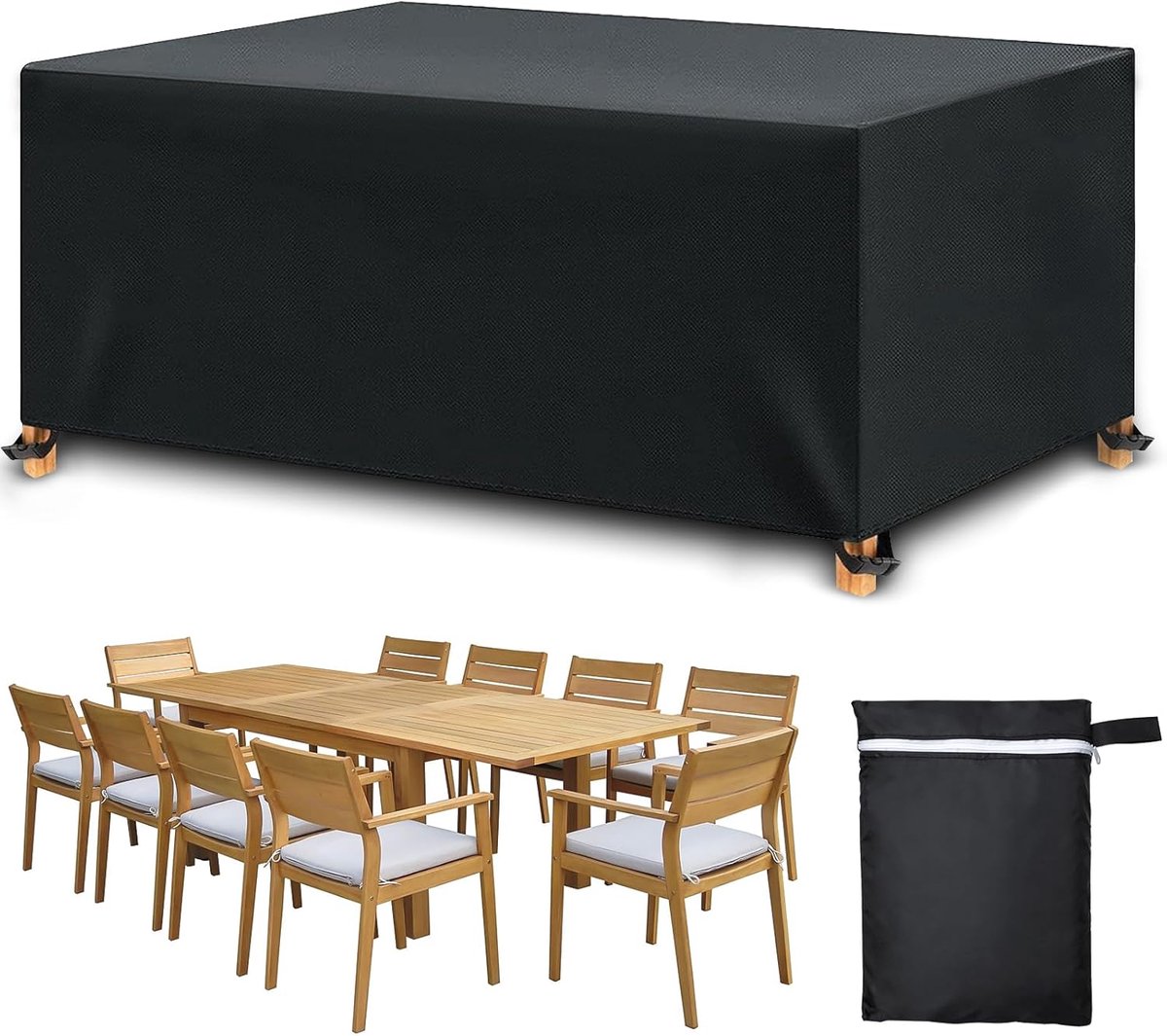Famanu Tuinmeubelhoes - 213x132x74 CM - Tuinmeubelhoes Koud - 420D Oxford Doek Tuintafelhoes Rechthoekige Beschermhoes Voor Tafels - Stoelen - Banken - Ademend - Scheurbestendig zwart