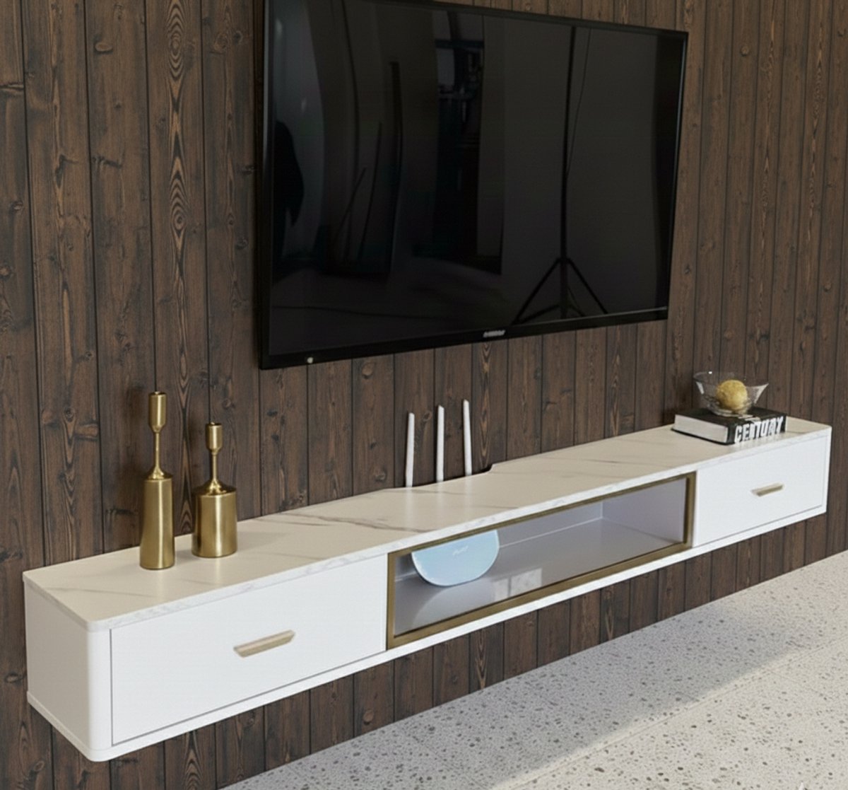 Zwevend TV Meubel Wandmontage met Lade en Glazen Deuren – Luxe Floating Media Console – Modern Entertainment Center voor Woonkamer – Wit – 120 cm – House&Garden