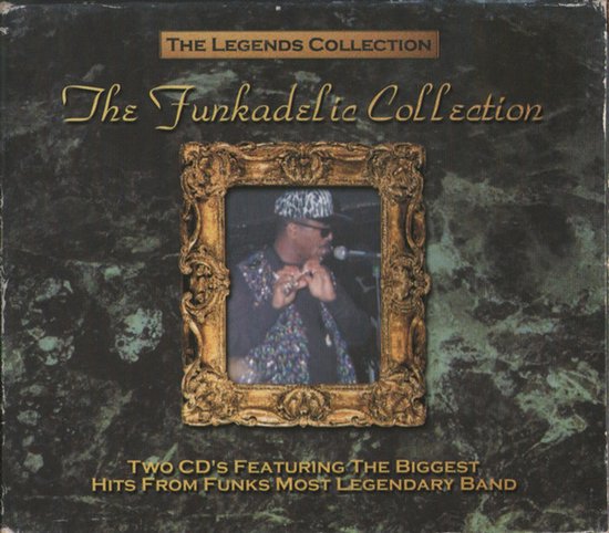 Albumhoes met een gouden lijst, met een foto van George Clinton in een pet en zonnebril die een microfoon vasthoudt. Titel "The Funkadelic Collection".