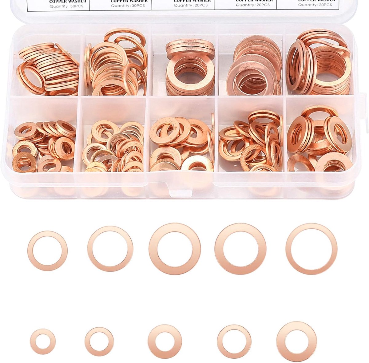 Famanu – Koperen afdichtringen assortiment 200 stuks M5 M6 M8 M10 M12 M14 voor olie aftap en afdichting