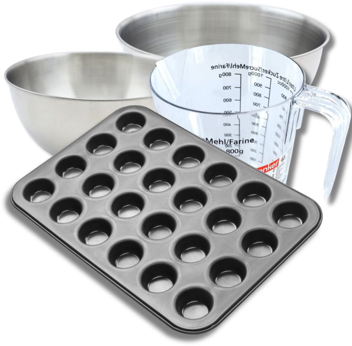 Bakkersset met muffinvorm 24 holtes 38 x 26 cm, 2 mengkommen, maatbeker en spatel Zenker