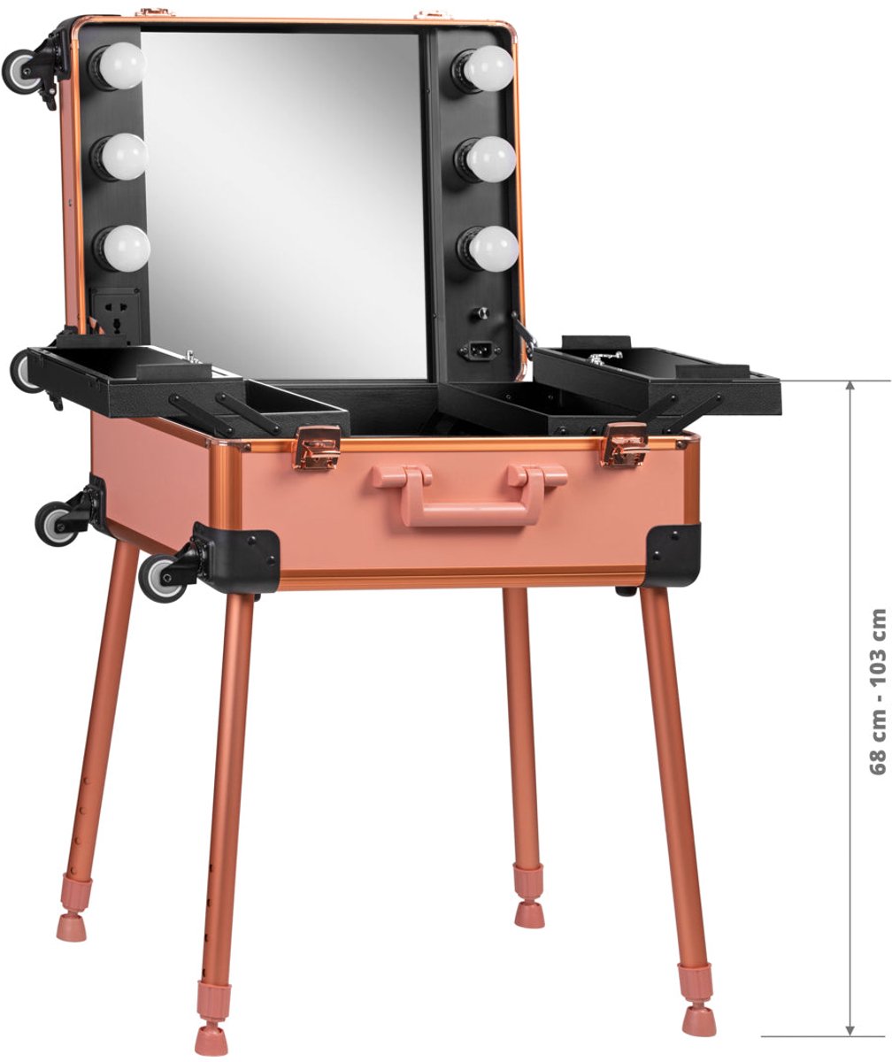Draagbare cosmetische werkstation koffer T-27 rosegoud met verlichting verrijdbaar verstelbare poten make-up station voor visagisten