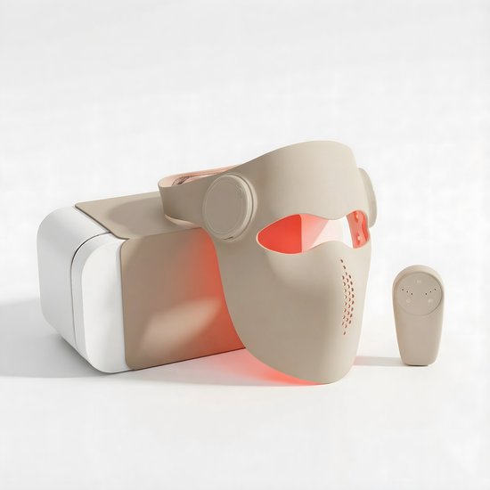 AUMÉ® LED Gezichtsmasker – Red Light Therapy - Led Masker - Gezichtsmassage Apparaat - Infrarood Masker - Lichttherapie Gezichtsmasker Acne & Huidverjonging - Inclusief Afstandsbediening - Beige - 288 Led Lampjes