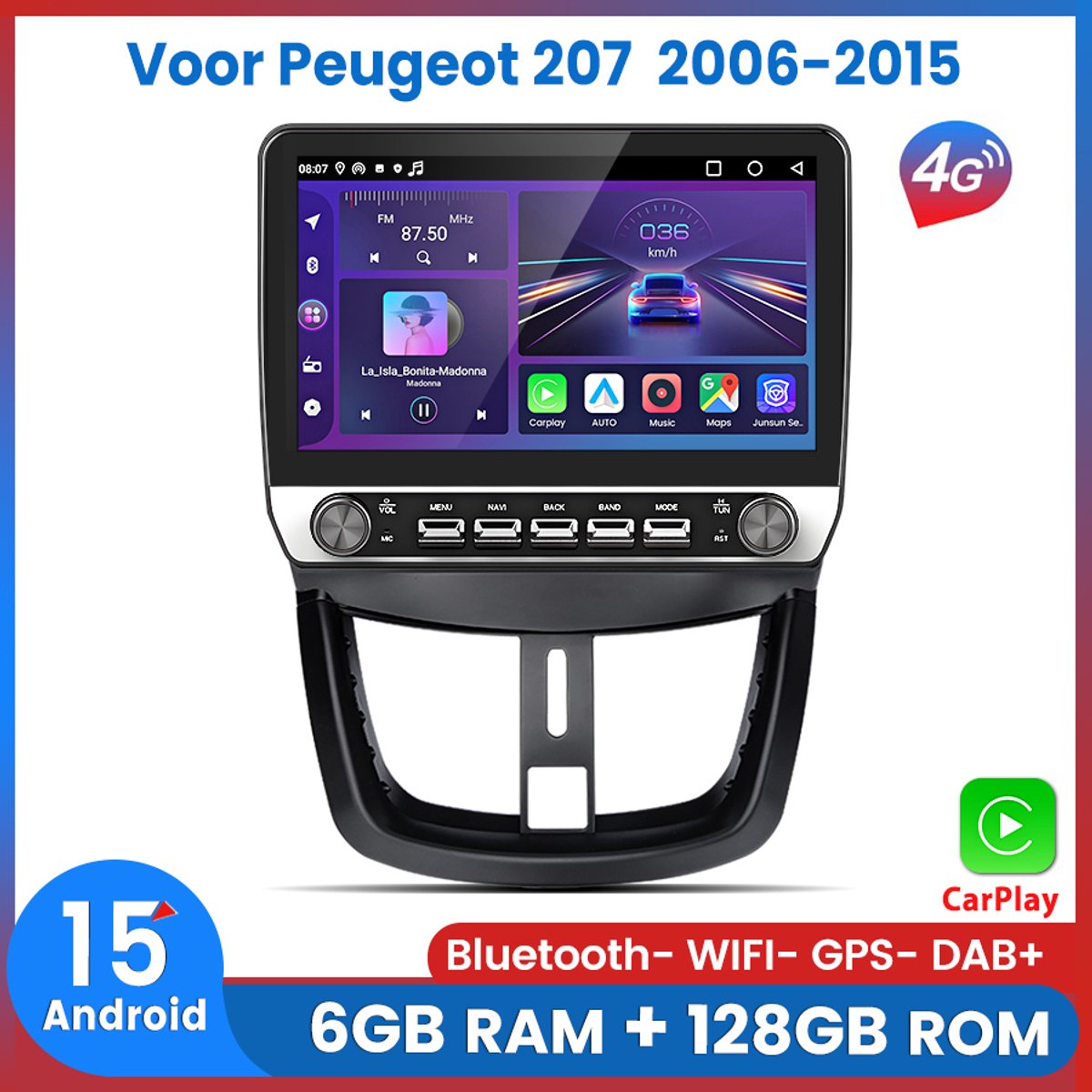 Awesafe 10.1 Inch 6+128GB Android 15 Carplay Autoradio - Geschikt Voor Peugeot 207 2006 t/m 2015 - Draadloze Carplay Android Auto - Touchscreen - GPS Navigatie 4G WiFi - Bluetooth Radio