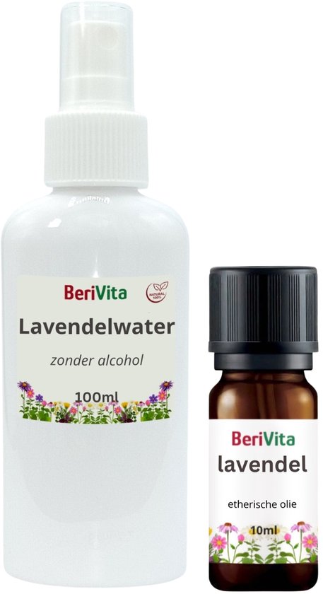 Witte sprayfles met label 'BeriVita Lavendelwater zonder alcohol'. Naast een bruin flesje 'BeriVita lavendel etherische olie'.