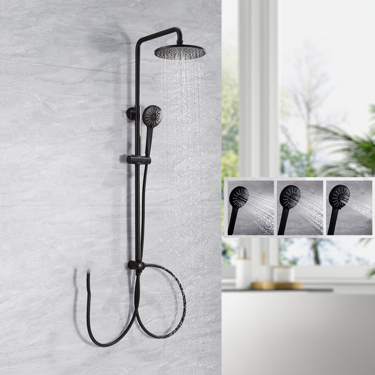 Lonheo Regendouche Zwart - Douchesysteem Met Omstelling Voor Badkamer -Doucheset met 2 Functies - Roestvrijstalen - Doucheset - Hoogte Verstelbaar - Rond Design - Zwart
