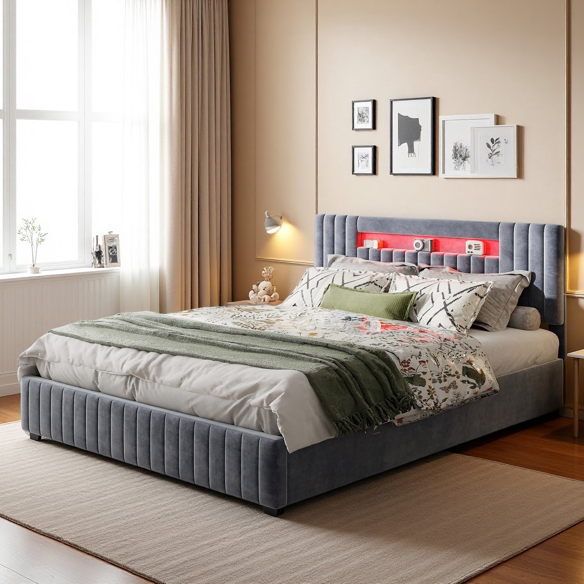 Opbergbed Grijs Fluweel 160x200 cm met LED Hoofdbord - Opbergbed - €239,99